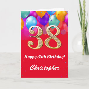 38th Birthday Red and Gold Colourful Balloons Card