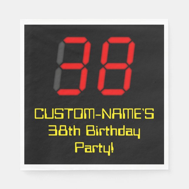 38th Birthday: Red Digital Clock Style "38" + Name Napkin (Front)