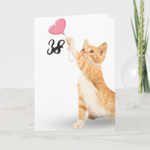 38th birthday tabby cat with heart balloon card