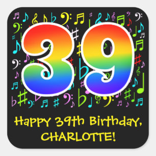39th Birthday: Colorful Music Symbols, Rainbow 39 Square Sticker