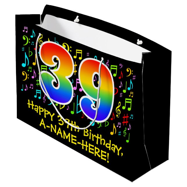 39th Birthday - Colourful Music Symbols, Rainbow 3 Large Gift Bag (Back Angled)