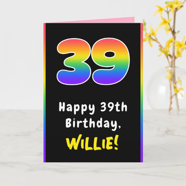 39th Birthday: Colourful Rainbow # 39, Custom Name Card (Yellow Flower)