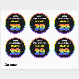 39th Birthday: Colourful Rainbow # 39, Custom Name Classic Round Sticker