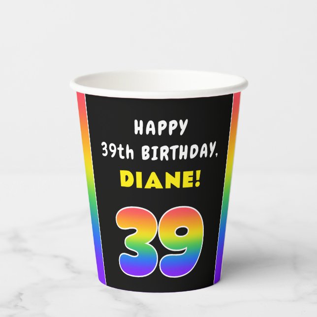 39th Birthday: Colourful Rainbow # 39, Custom Name Paper Cups (Back)