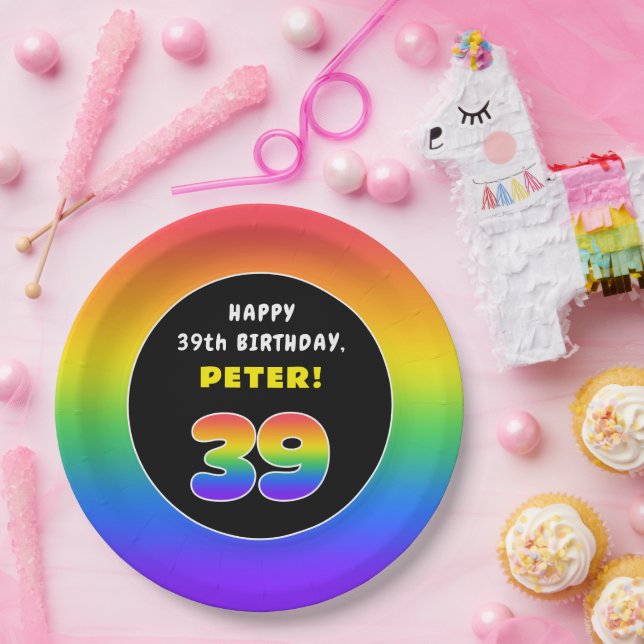 39th Birthday: Colourful Rainbow # 39, Custom Name Paper Plate (Party)