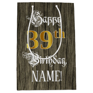 39th Birthday: Faux Gold Look & Faux Wood Pattern Medium Gift Bag