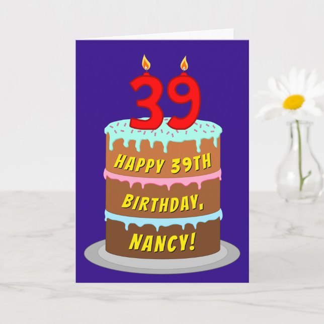 39th Birthday: Fun Cake and Candles + Custom Name Card (Small Plant)