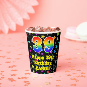 39th Birthday: Fun Stars Pattern and Rainbow 39 Paper Cups