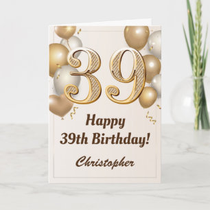 39th Birthday Gold Balloons and Confetti Birthday Card