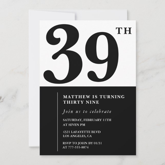 39th birthday invitations Black and White Elegant (Front)