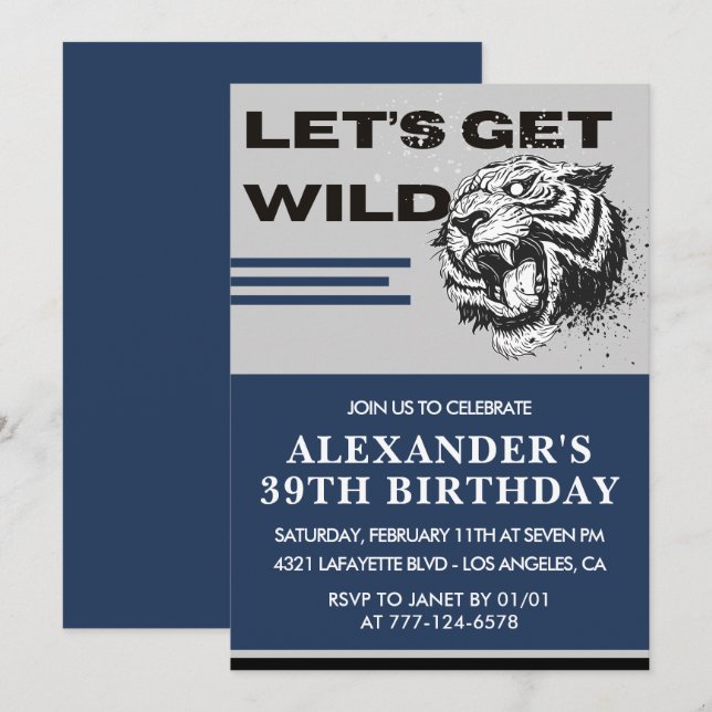 39th birthday invitations Men Tiger Let's Get Wild (Front/Back)