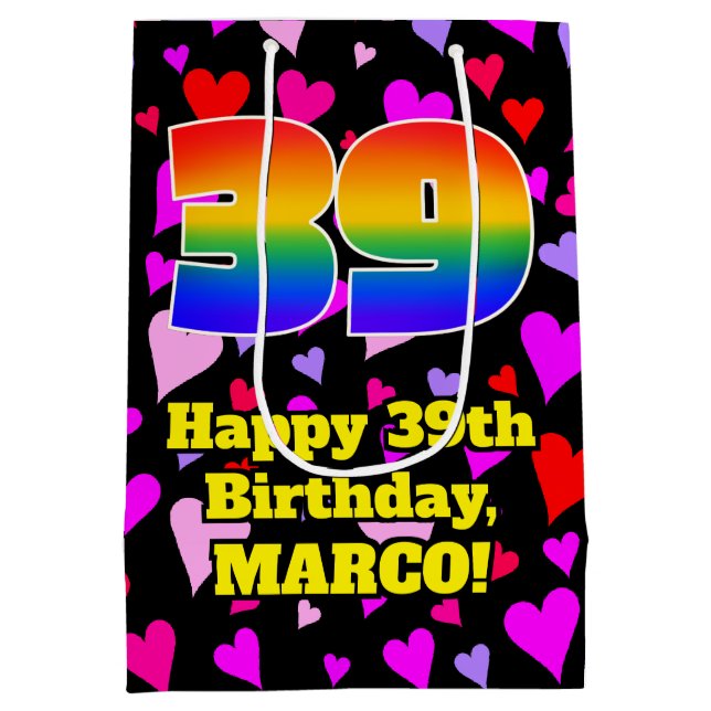 39th Birthday: Loving Hearts Pattern, Rainbow # 39 Medium Gift Bag (Back)