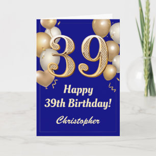 39th Birthday Navy Blue and Gold Balloons Confetti Card