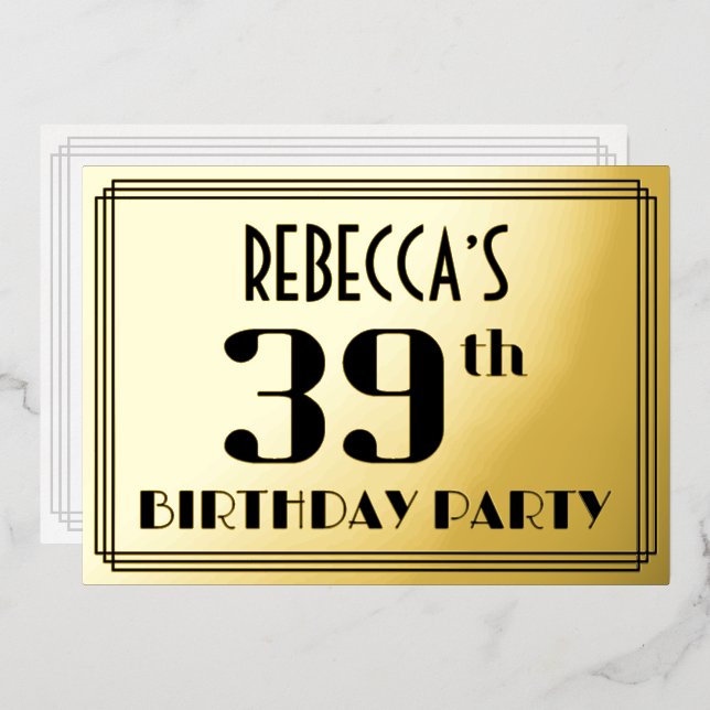 39th Birthday Party: Art Deco Look “39” and Name (Front/Back)