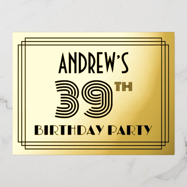 39th Birthday Party ~ Art Deco Style “39” + Name Foil Invitation Postcard (Front)