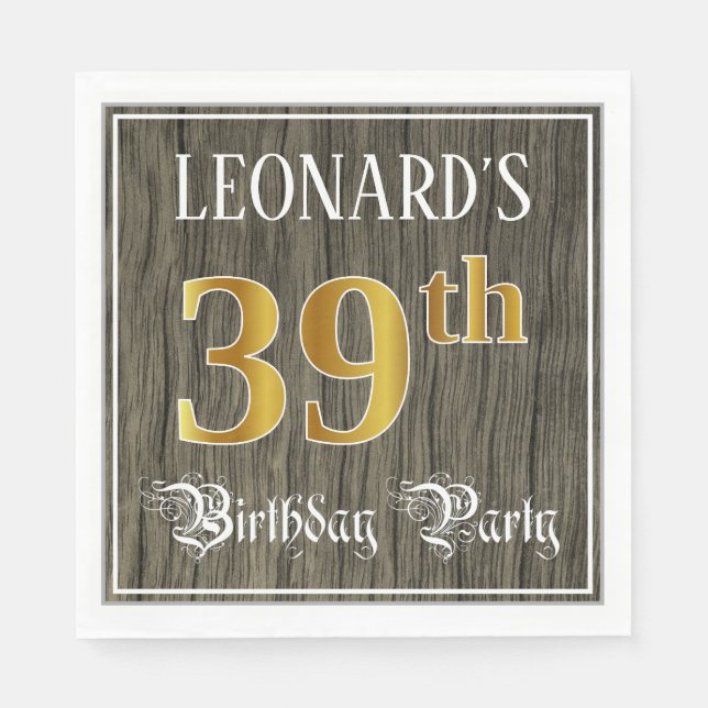 39th Birthday Party — Faux Gold & Faux Wood Looks Napkin (Front)