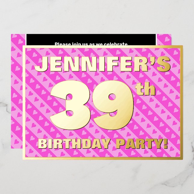 39th Birthday Party — Fun Pink Hearts and Stripes (Front/Back)