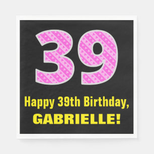 39th Birthday: Pink Stripes and Hearts "39" + Name Napkin