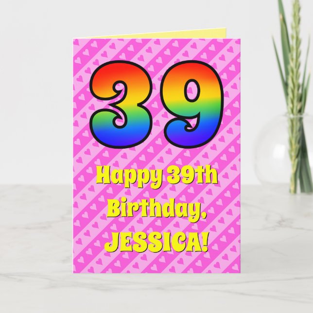 39th Birthday: Pink Stripes & Hearts, Rainbow # 39 Card (Front)