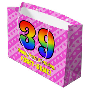39th Birthday: Pink Stripes & Hearts, Rainbow # 39 Large Gift Bag