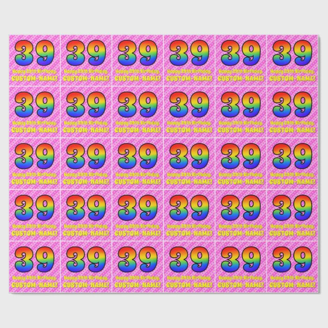 39th Birthday: Pink Stripes & Hearts, Rainbow # 39 Wrapping Paper (Flat)