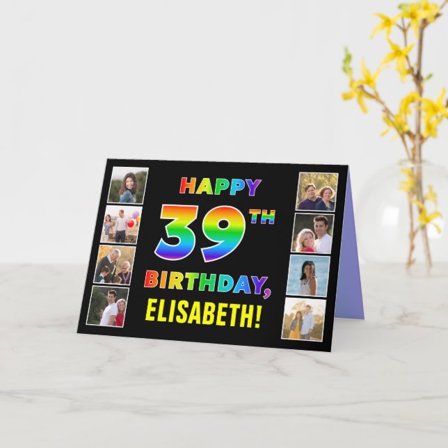 39th Birthday: Rainbow Text, Custom Photos & Name Card (Yellow Flower)