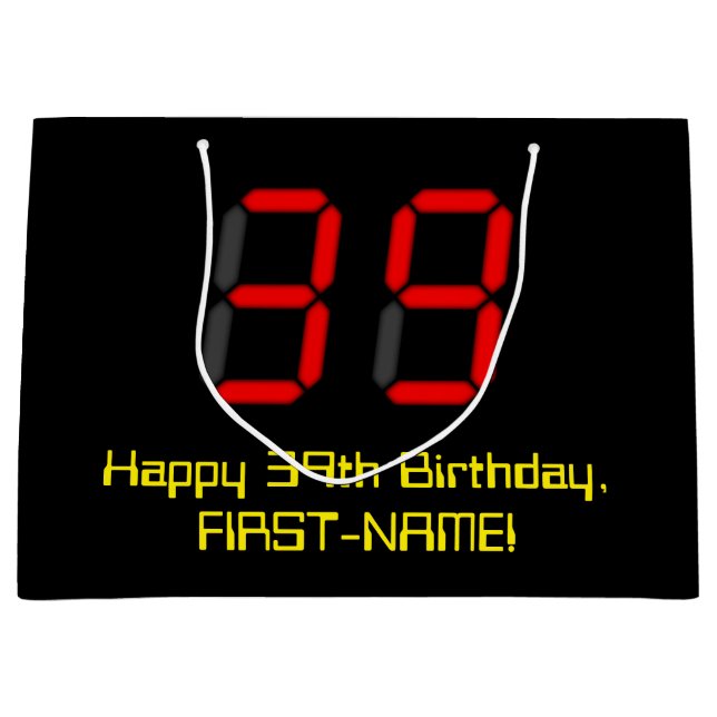39th Birthday: Red Digital Clock Style "39" + Name Large Gift Bag (Front)