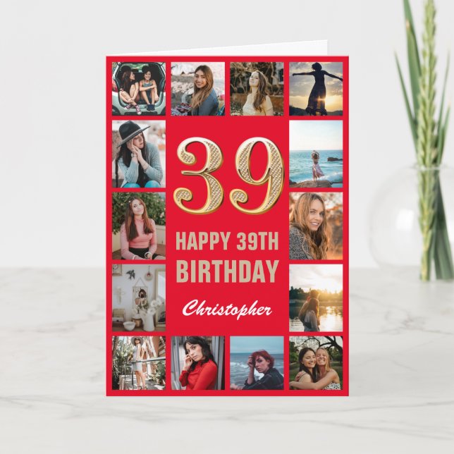 39th Happy Birthday Red and Gold Photo Collage Card (Front)