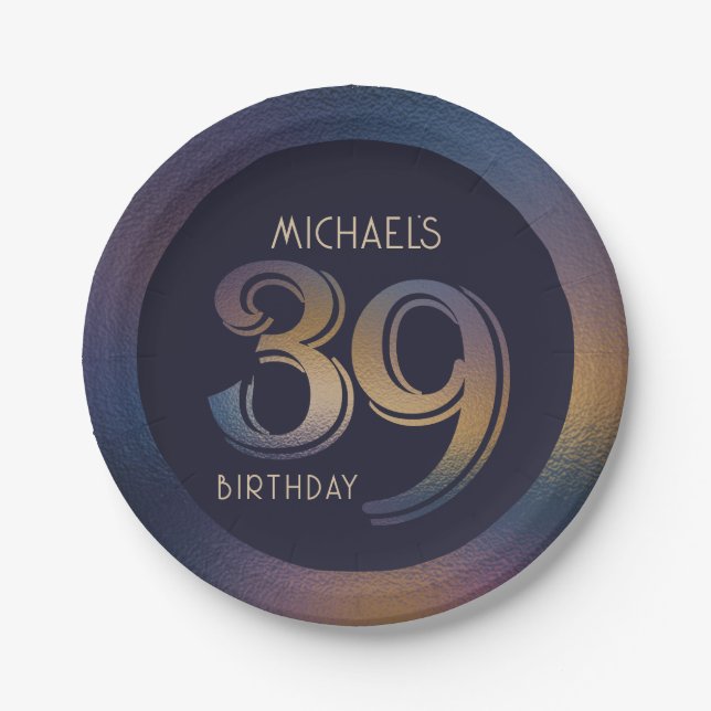 39th modern dark purple and gold birthday paper plate (Front)