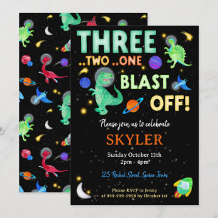 3 2 1 Blast Off Dinosaur Space 3rd Birthday  Invitation