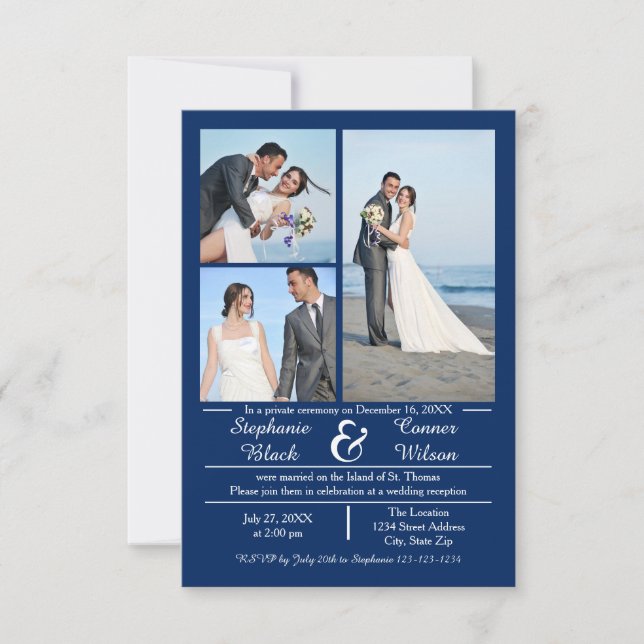 3/4 Photos Bleu vertical - Faire-part Mariage 3x5 (Devant)