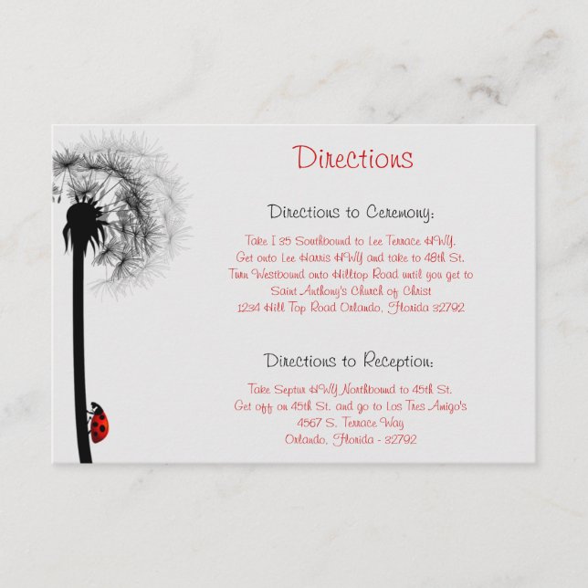 3.5 x 5 Direction Card Lady Bug on Dandelion Red S (Front)