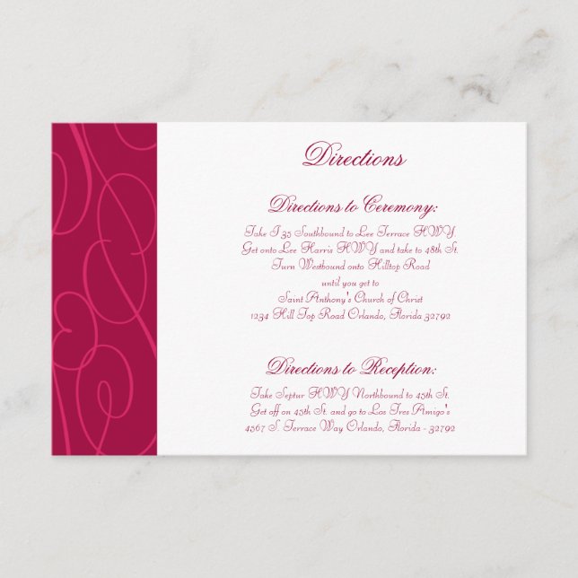 3.5 x 5 Direction Card Raspberry Pink Loops/Swirls (Front)