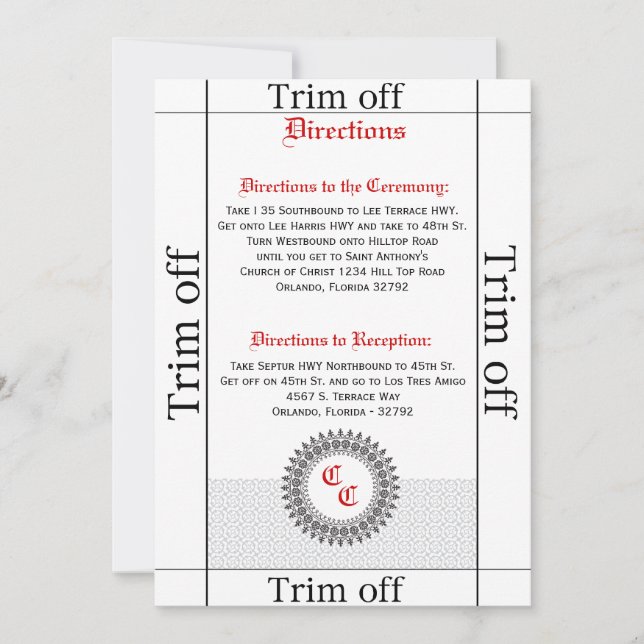 3.5 x 7 Directions Grey Red Formal Pri Invitation (Front)