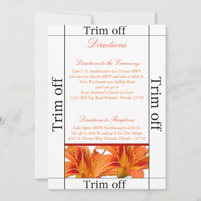 3.5 x 7 Directions Orange Tiger Lilly Invitation (Front)