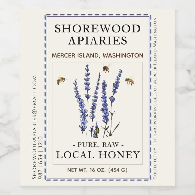 3.5x4" Bees and Lavender Honey Blue Dashed Border  Wine Label (Single Label)