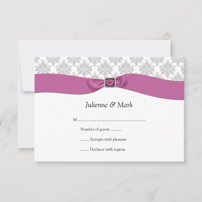 3.5x5 Grey White Damask Pink Ribbon Jewel RSVP Card (Front)