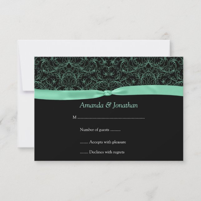 3.5x5 Mint Green Scrolls & Ribbon on Black RSVP (Front)