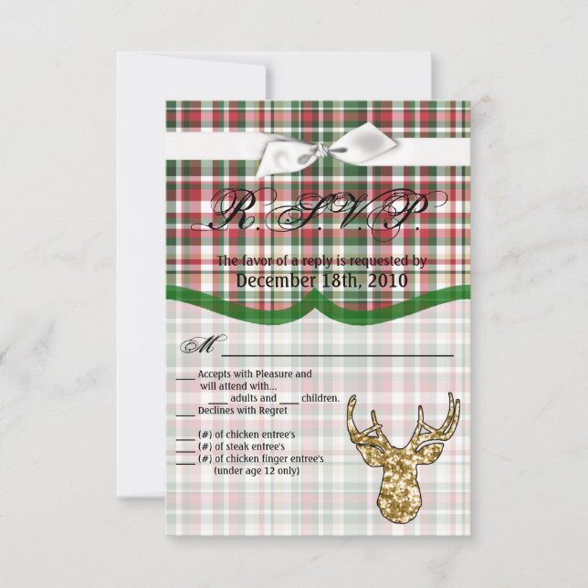 3.5x5 R.S.V.P. Card Gold Glitter Reindeer Plaid Bu (Front)