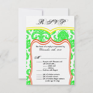 3.5x5 R.S.V.P. Card Wedding Neon Green Pink Damask