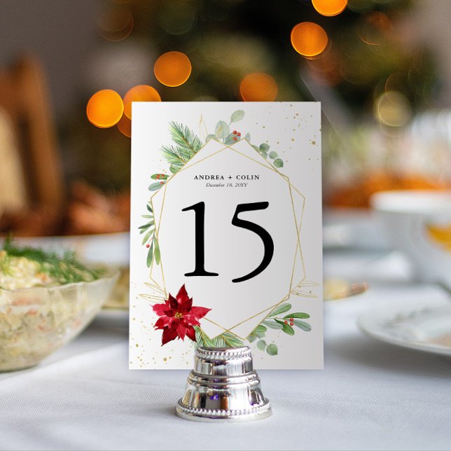 3.5x5 Watercolor Holiday Greenery Budget Table Table Number (Holiday Party or Christmas Wedding Table Numbers | Holiday Greenery, Gold Speckles, Red Poinsettia)