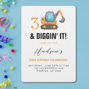 3 and Diggin’ It   Construction Theme 3rd Birthday Invitation
