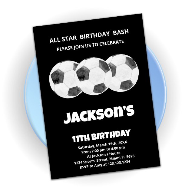 3 Balls Black Soccer Invitations Anniversaire (Créateur téléchargé)