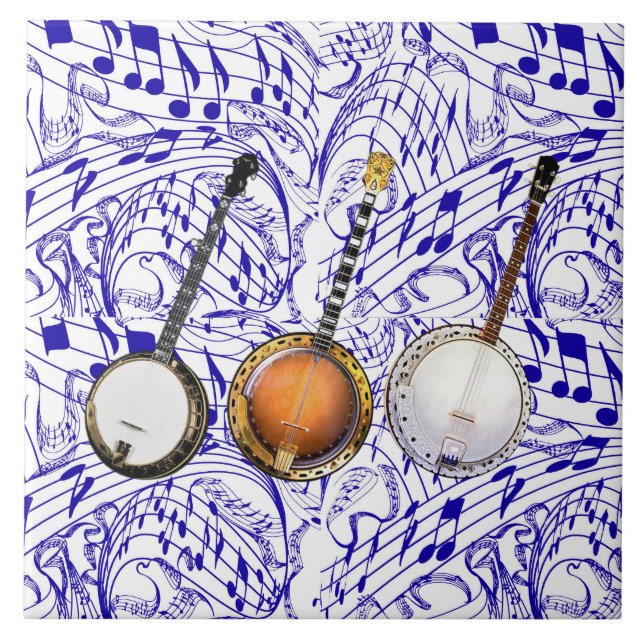 3 BANJOS ON BLUE MUSIC NOTES TILE (Front)