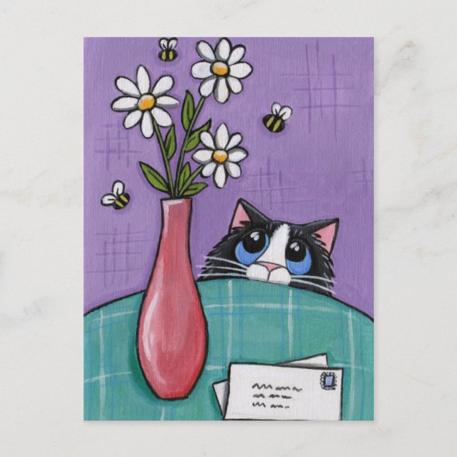 3 Bees, 3 Flowers, 2 Letters - Cat Postcard (Front)