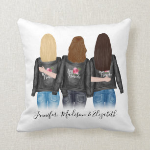 3 Best Friends Custom Hair BFF Besties Friendship Throw Pillow