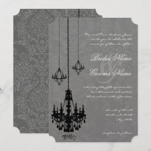 3 Black Chandeliers Shadow Silver Metallic Damask Invitation