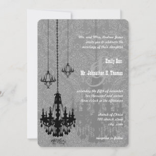 3 Black Chandeliers Shadow Silver Metallic Damask Invitation