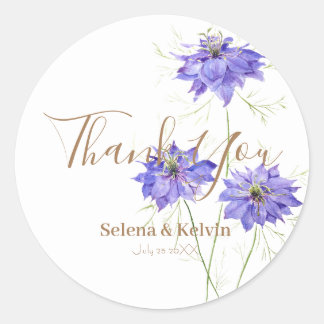 3 blue purple nigella flowers round sticker 