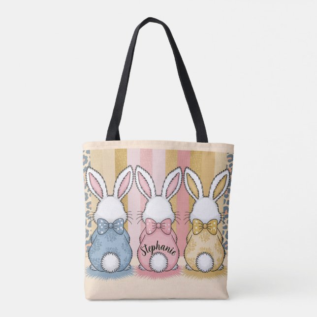 3 Bunny Trio, Personalized Name Tote Bag (Back)